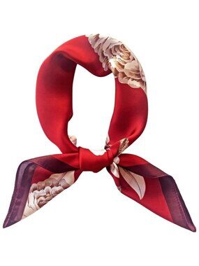 Silk Feel 03 Red Floral Edge Satin Square Head Scarf for Women Medium 28 Inch